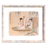 Late 19th century Japanese school - Two Geisha Girls in a Landscape - watercolour, framed &