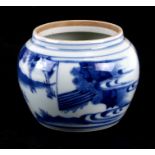 A Chinese blue & white pot decorated with figures in a landscape, 10cms (4ins) high.