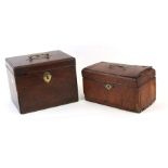 A George III mahogany five-division decanter box, 24cms (9.5ins) wide; together with a tea caddy