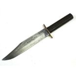 A Bowie knife, the steel blade engraved original Bowie knife, with brass hilt and treen handle,