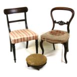 A Victorian balloon back chair; together with a William IV dining chair and a footstool (3).