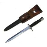 A bayonet, serial no. V224857, with scabbard in a leather scabbard, 36cms (14ins) long.
