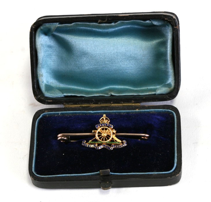 A 15ct gold and enamel Royal Artillery sweetheart brooch, cased.