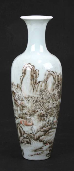 A Chinese porcelain vase decorated with a river landscape scene, blue four character mark to the