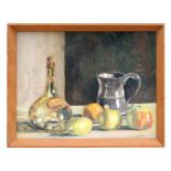 J L Aldridge - Still Life of Fruit, a Wine Bottle and Tankard - gouache, signed and dated '65