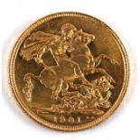 A 1901 gold full sovereign.