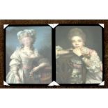 A pair of modern decorative prints depicting portraits of tattooed Georgian ladies with pixelated