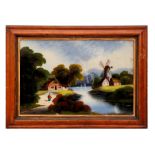 A reverse painting on glass depicting a landscape with windmill and figures, framed in a maple