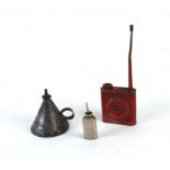 A vintage MACROME oil can 21cms (8.25ins) tall overall, together with a conical shaped oil can