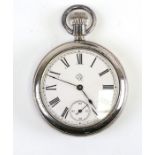 An Ansonia Clock Company nickel cased open faced pocket watch, the white dial with Roman numerals
