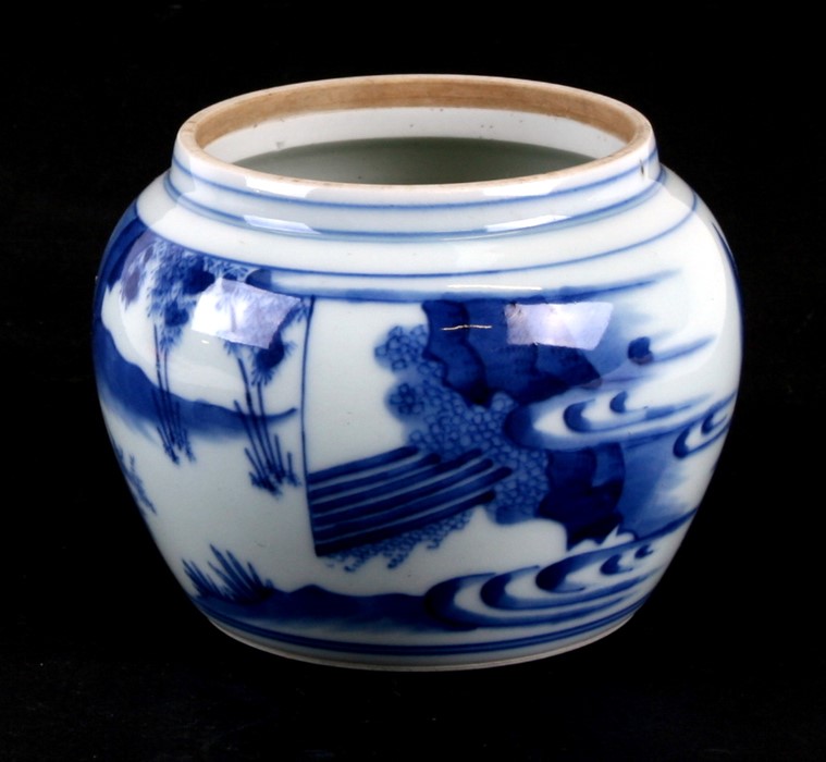 A Chinese blue & white pot decorated with figures in a landscape, 10cms (4ins) high.