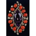 A 925 white metal coral, amethyst and diamond dress ring, approx UK size 'M'.