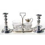 A silver plated and cut glass cream and sugar stand, marked 'L & W'; together with a pair of