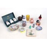 A boxed three-piece Minton Haddon Hall pattern cruet set; together with a Royal Doulton miniature
