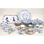 A quantity of assorted Meissen onion pattern table wares to include a tazza, 19cms (7.5ins) wide;