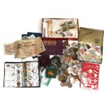 A quantity of proof coins, loose coinage and notes; together with a small quantity of loose stamps.