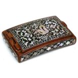 An Asian hardwood cigar box highly decorated with mother of pearl inlay, 13cms (5ins) wide.