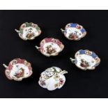 Six Dresden porcelain pickle dishes decorated with central romantic couples and foliate sprays,