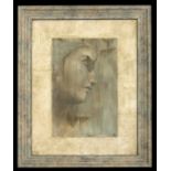 Surrealist school - A Profile Portrait of a Young Lady - oil on board, the cream mount surround with