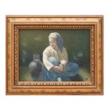 Continental school - A Young Lady Sitting Next to a Large Ewer - oil on panel, indistinctly signed