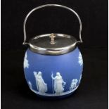 A Wedgwood Jasperware biscuit barrel with silver plated mounts, 14cms (5.5ins) high.Condition