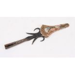 A North American Native Indian quillwork birch bark scabbard with hand forged iron fishing spear