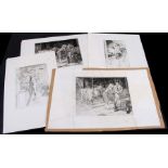 Four mid 20th century black & white etchings, unframed, the largest 23 by 18cms (9 by 7ins).