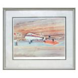 R J Mitchell - A Twin Prop Aircraft in a Hanger with United Express Livery - limited edition print
