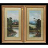 Victorian school - a pair of river landscape scenes, oil on board, framed & glazed, 20 by 46cms (8