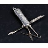 A late Victorian silver coloured metal chatelaine or fob etui with fold-out knife and tools,