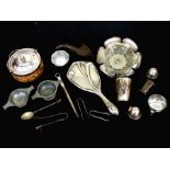 A WAS Benson silvered copper Arts & Crafts lampshade; an Art Nouveau silver plated hand mirror and