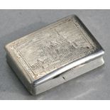 A 19th century continental white coloured metal vinaigrette, the cover engraved with a church,