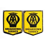 A 1930's AA Breakdown Service shield shaped enamel advertising sign, 18 by 22cms (7 by 8.75ins);