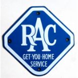 An original RAC Get-You-Home Service enamel advertising sign, 26 by 26cms (10 by 10ins).