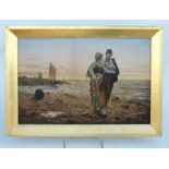 19th century continental school - A Couple Walking on a Shoreline - overpainted print, framed, 46 by