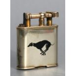 A Dunhill 9ct gold petrol cigarette lighter, the front panel with enamelled decoration in the form