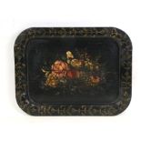 A Victorian lacquer wooden tray decorated with roses and other flowers, 60cms (24ins) wide.