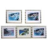 A set of five decorative prints depicting Mediterranean lake and coastal scenes, all framed &