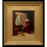 John Arthur Lomax (1857-1923) - Lady in a Red Dress - oil on panel, signed lower right, framed, 25
