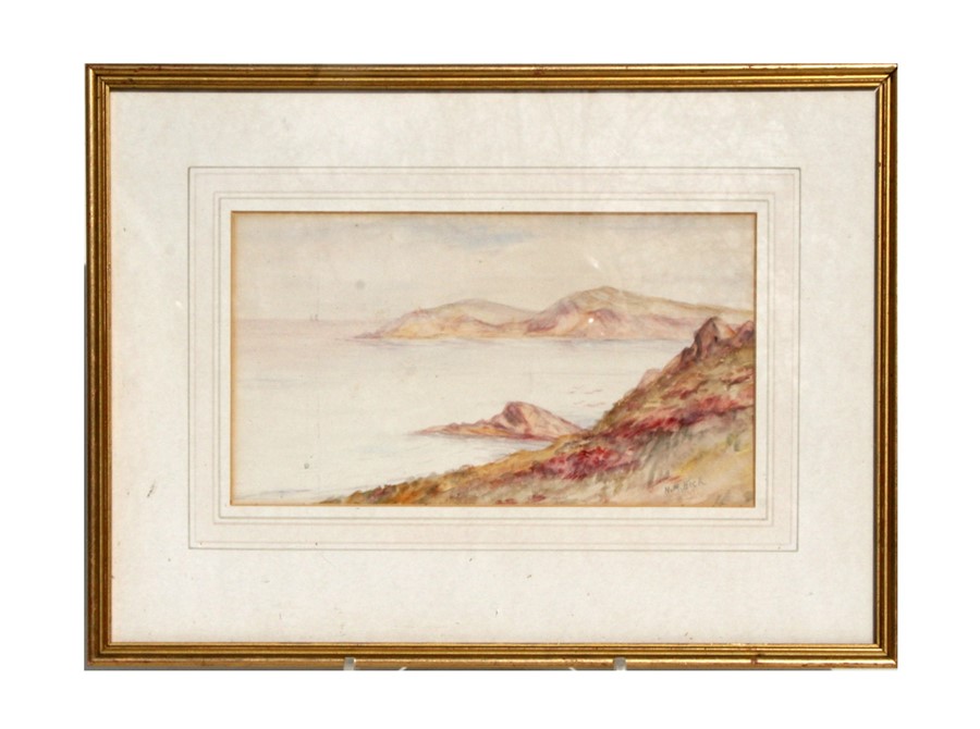 N M Hick - Coastal Scene - signed lower right, watercolour, framed & glazed, 25 by 14cms (9.75 by