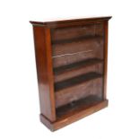 A mahogany open bookcase on plinth base, 84cms (33ins) wide. 109cm (43 ins) high 27cm (10.5 ins)