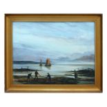 Modern British - Figures on a Shoreline - oil on board, framed, 39 by 30cms (15.25 by 12ins).