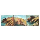 20th century modern British - a triptych of Coastal Scenes - oil on panel, all unframed, each 46