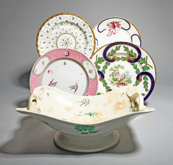 Four English porcelain plates 1st half 19th century, variously decorated in the Sèvres style, a