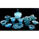 A quantity of Victorian Davidson opaline turquoise glass to include bonbon dish and cover, jugs