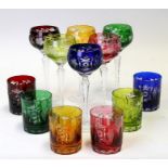 A set of six Bohemian flashed glass hock glasses; together with a matching set of six tumblers (