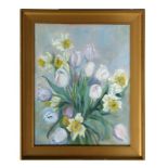 Modern British - Still Life of Daffodils and Tulips - oil on canvas laid down, framed, 40 by