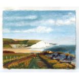 English school - The White Cliffs of Dover with two Gentleman Walking Along Seaford Head - oil on