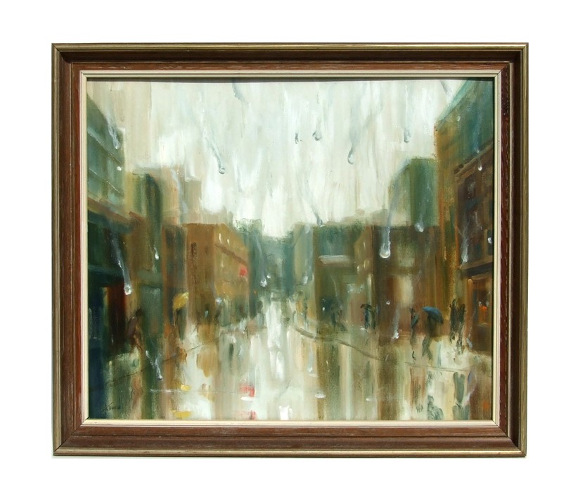 H Thomson (modern British) - A Rainy Day Street Scene - signed lower left, framed, 54 by 44cms (21