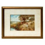 Victorian school - Children Picking Flowers on a River Bank - watercolour, framed & glazed, 29 by